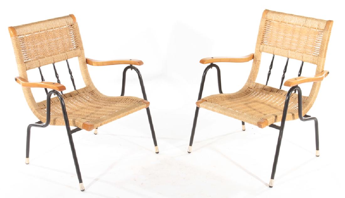 PAIR WOVEN RATTAN MAPLE OPEN ARM CHAIRS C.1960 (1 of 5)