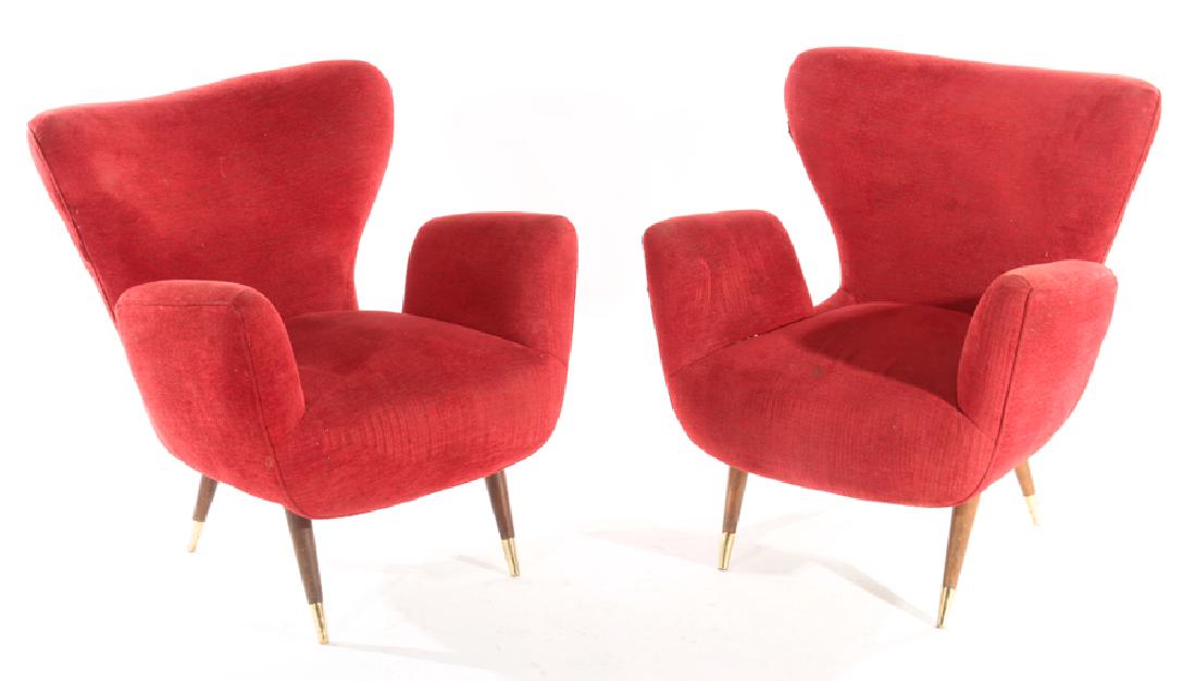 PAIR PAOLO BUFFA CLUB CHAIRS RED UPHOLSTERY C1950 (1 of 5)