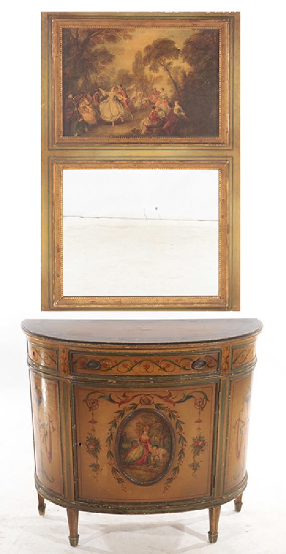 PAINTED VENETIAN STYLE DEMILUNE COMMODE & MIRROR (1 of 8)