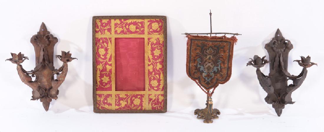 4 ITEMS: IRON SCONCES, SHIELD, & FRAME C. 1800 (1 of 8)