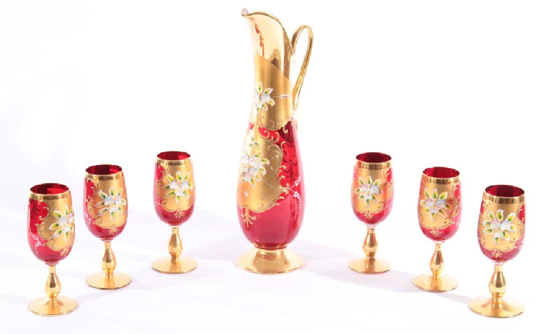 7PC HAND PAINTED RUBY GLASS EWER AND GOBLET C1970 (1 of 6)
