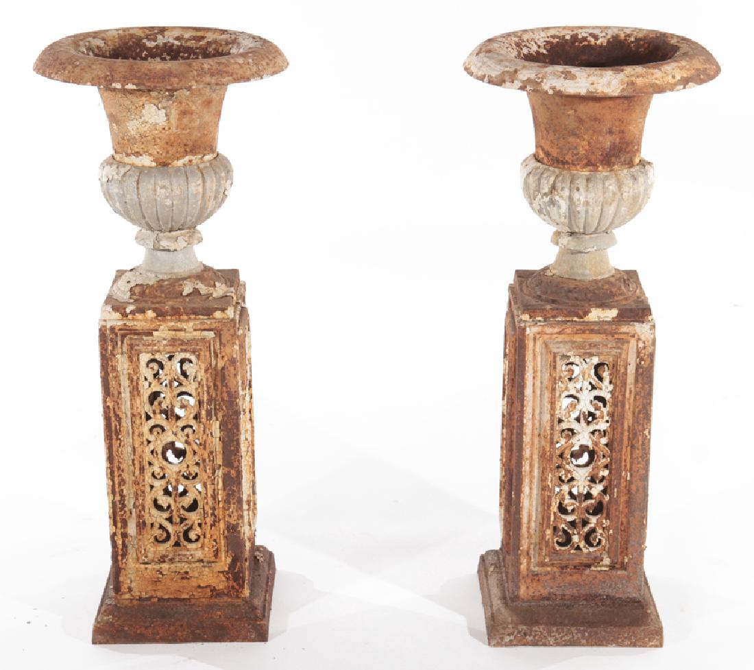 PAIR CAST IRON GARDEN URNS FRETWORK PEDESTAL 1910 (1 of 5)
