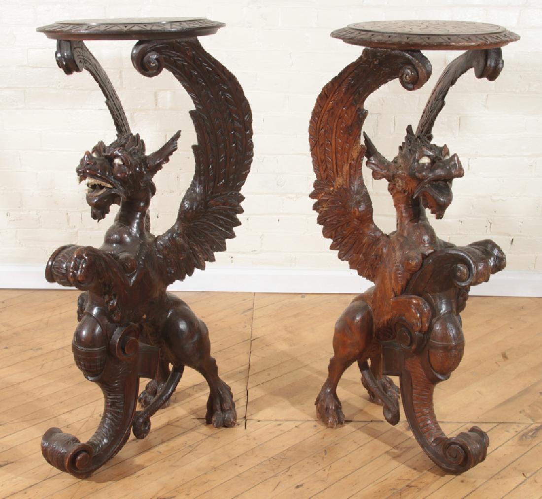 PAIR CARVED WALNUT STYLIZED PEDESTAL TABLES C1890 (1 of 6)