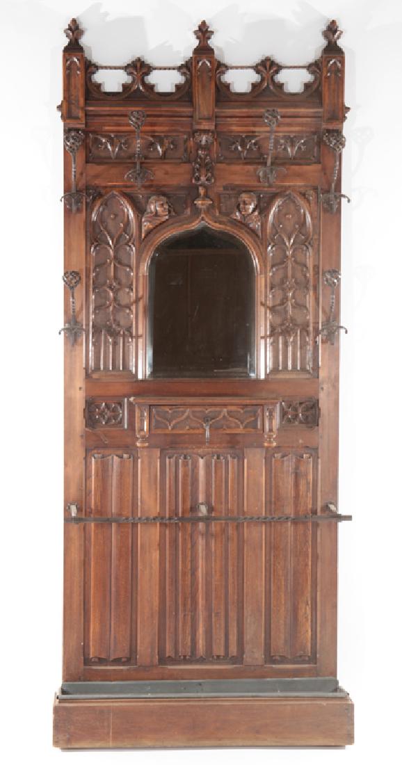 WALNUT WROUGHT IRON GOTHIC STYLE HALL RACK C.1880 (1 of 6)