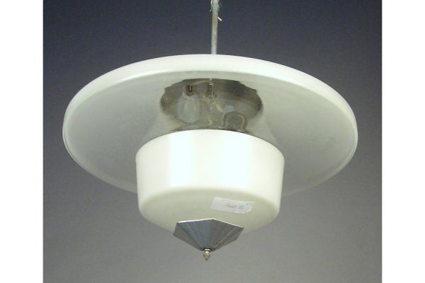 LATE ART DECO CHANDELIER WITH LARGE WHITE & CLEAR: LATE ART DECO CHANDELIER WITH LARGE WHITE & CLEAR GLASS SHADE CIRCA 1940. The interior is fitted with two lights 23" x 20" *Condition: Good *Est. Sale Time: 3:35 PM Eastern ***PLEASE NOTE: All propert