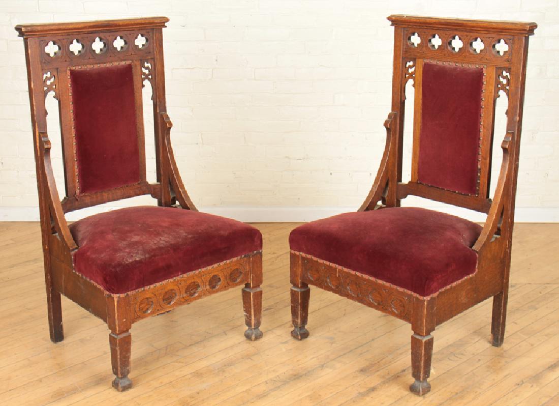 PAIR GOTHIC STYLE OAK CHAIRS CARVED BACKS (1 of 6)