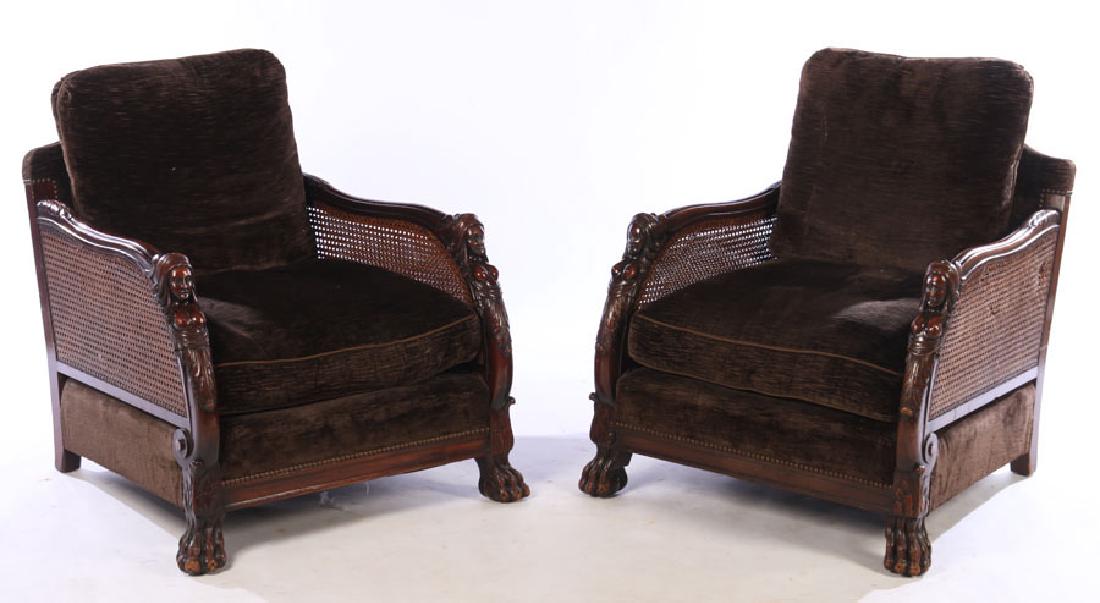 PAIR CARVED WALNUT CLUB CHAIRS 1910 (1 of 6)