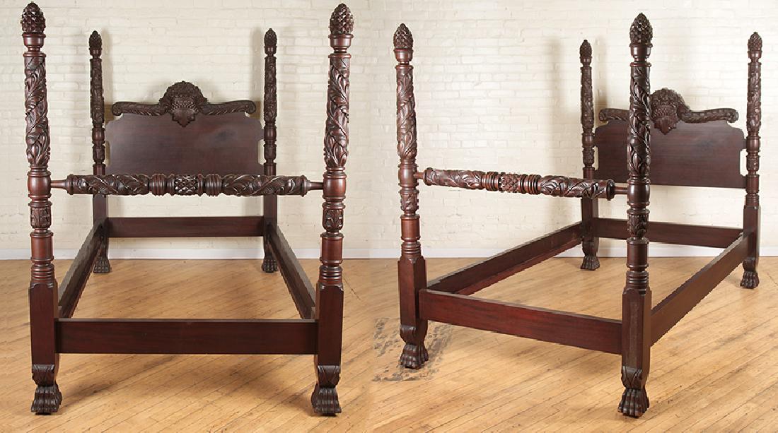 PAIR STYLE CARVED MAHOGANY TWIN BEDS C. 1900