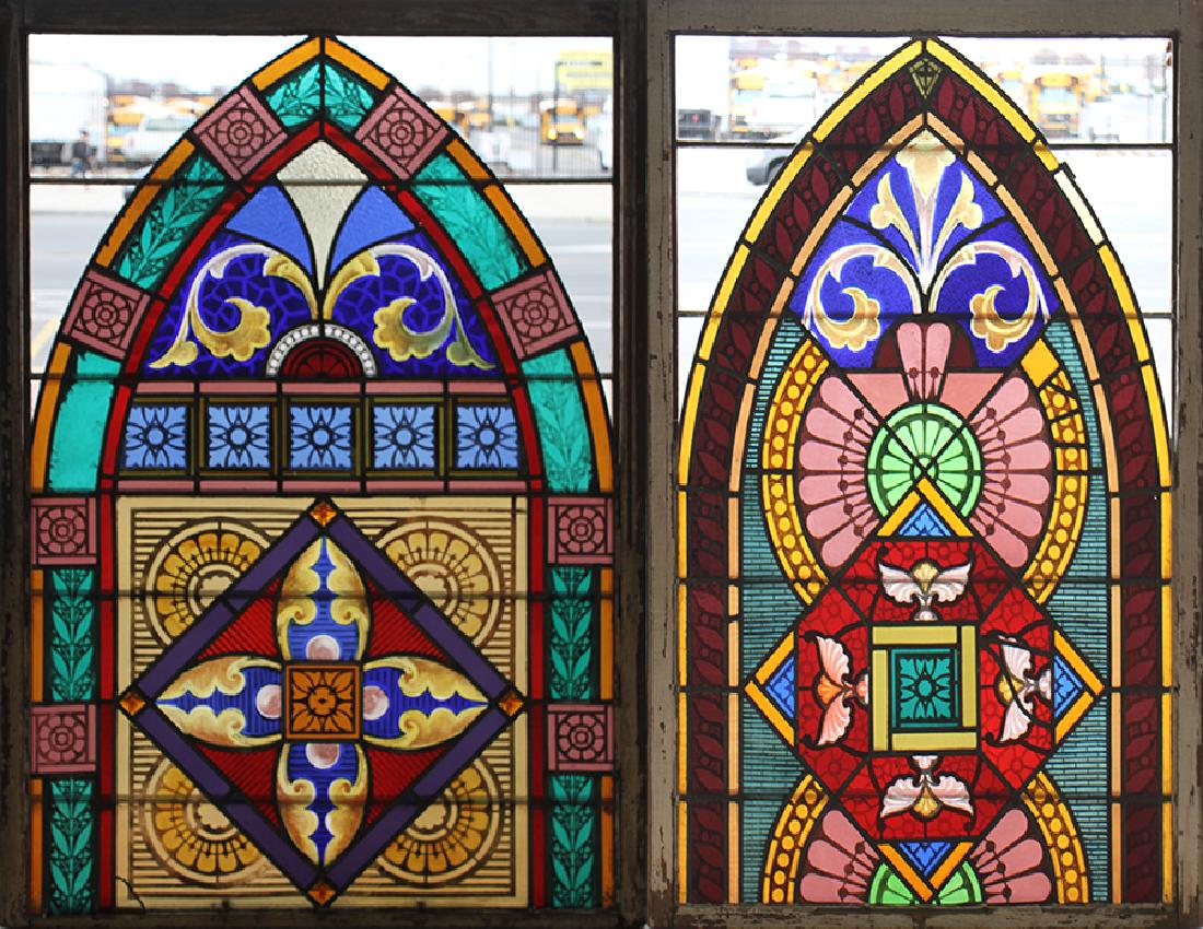 PAIR LEADED PAINTED STAINED GLASS PANELS C.1910 (1 of 7)