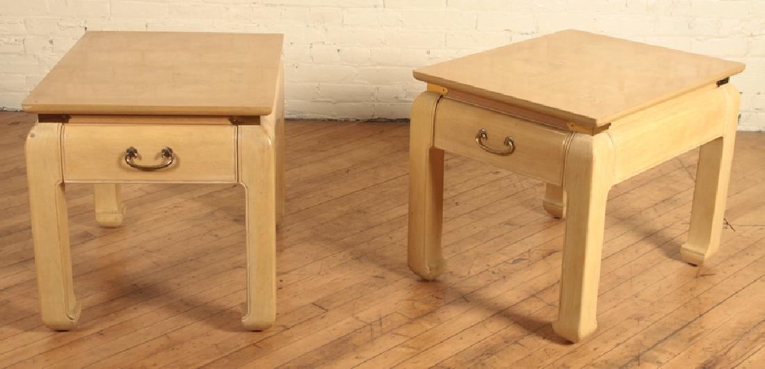 PAIR BLEACHED OAK END TABLES JAMES MONT STYLE: A pair of one drawer bleached oak end tables in the James Mont style circa 1960. Ht: 22.5" Wd: 21" Dpth: 27"
