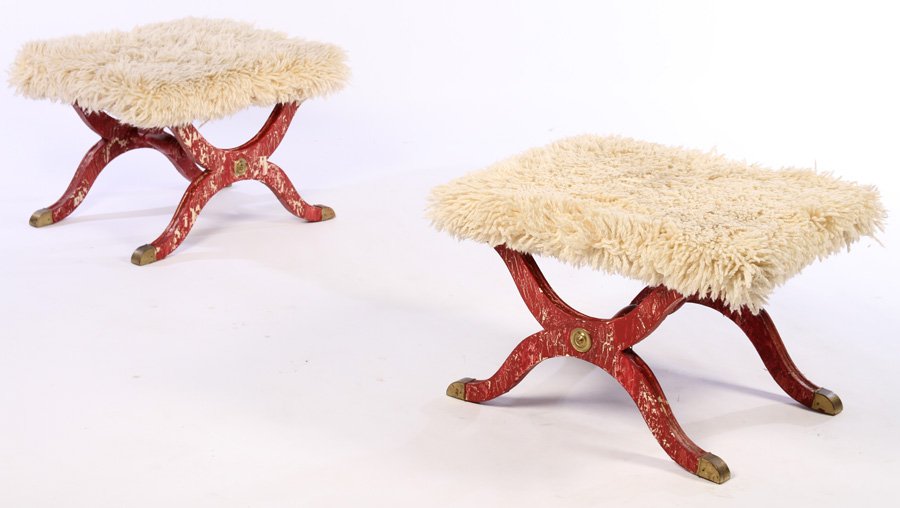 PAIR CONTINENTAL BENCHES SHAGGY GOAT UPHOLSTERY (1 of 5)