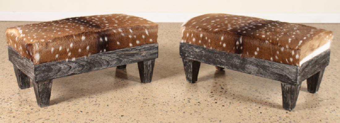 PAIR EBONIZED CERUSED OAK BENCHES DEER HIDE (1 of 5)