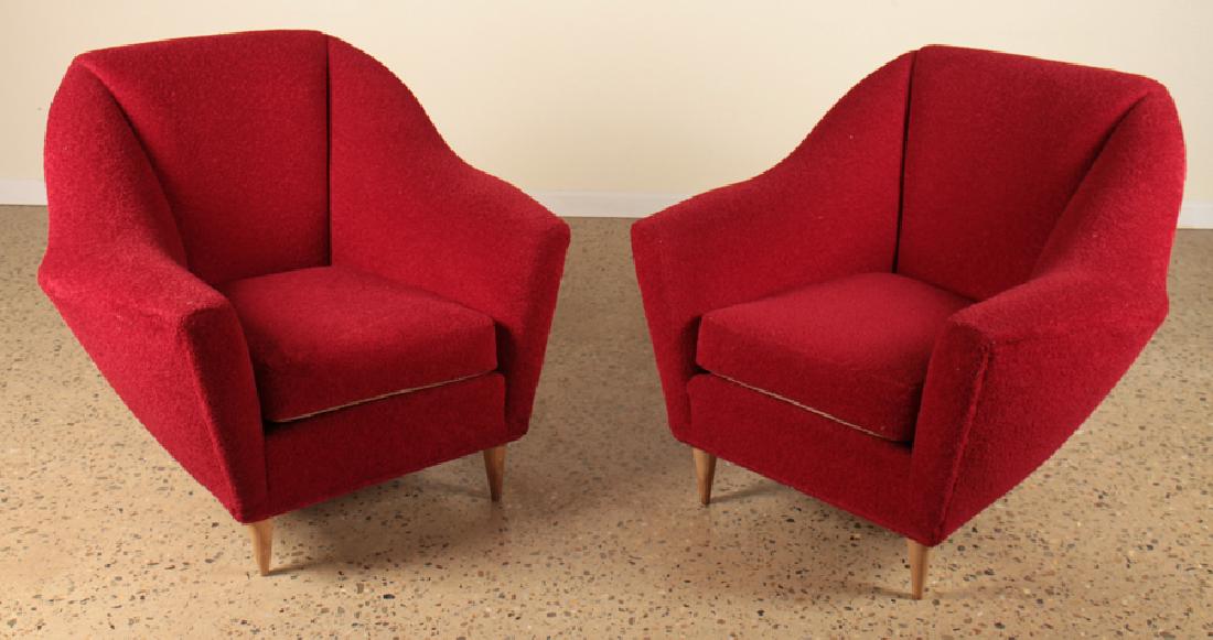 PAIR ITALIAN ICO PARISI UPHOLSTERED LOUNGE CHAIRS: A pair of Italian mid century modern Ico Parisi upholstered lounge chairs resting on blonde legs circa 1960. Ht: 33" Wd: 38.5" Dpth: 34"