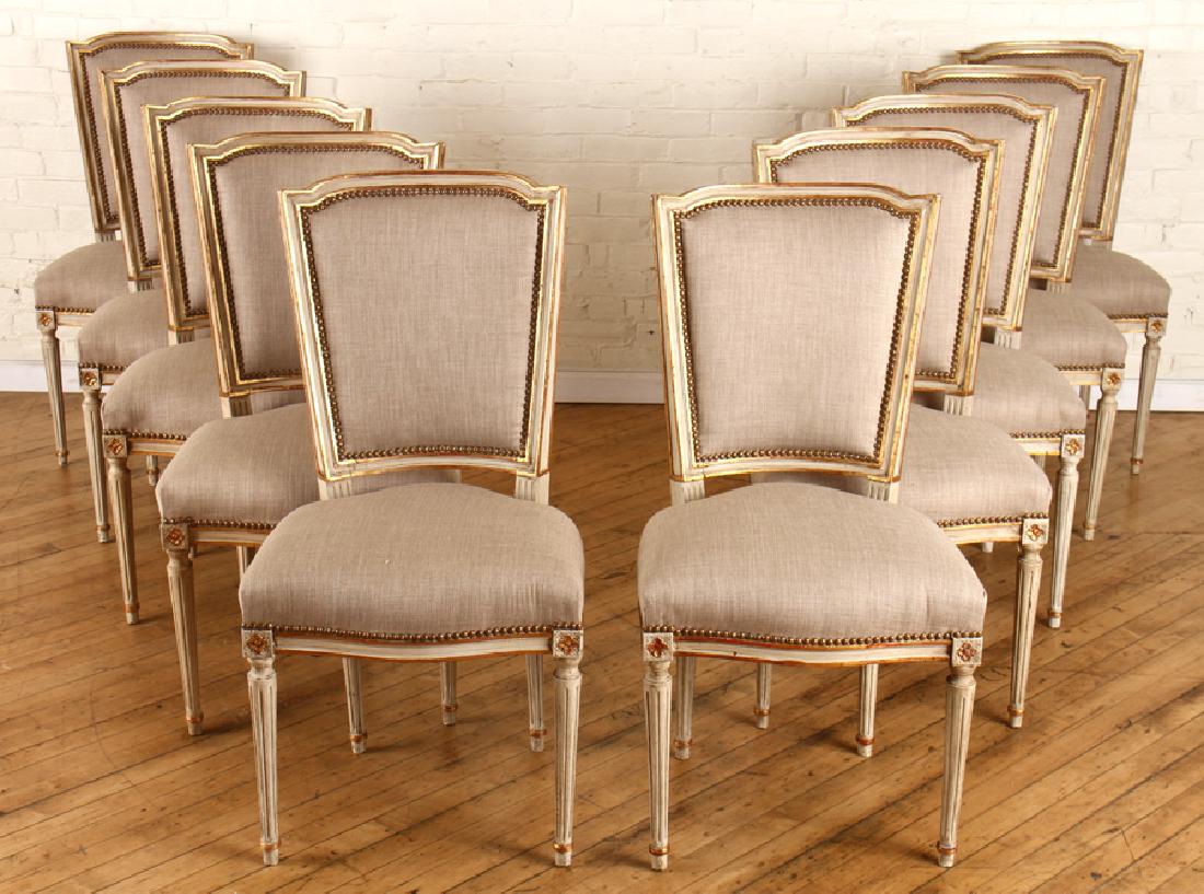 SET 10 PAINTED GILT LOUIS XVI DINING CHAIRS C1930 (1 of 5)