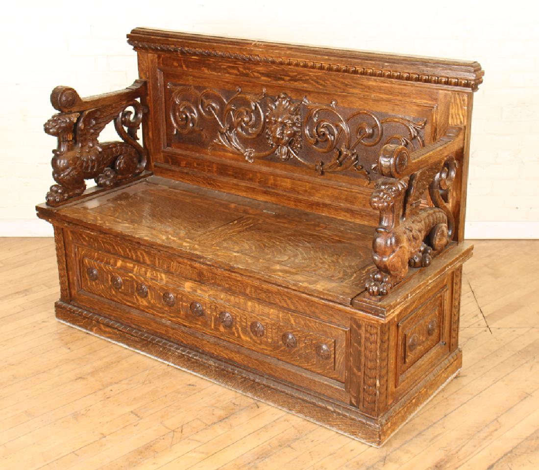AMERICAN RENAISSANCE CARVED OAK BENCH C.1880 (1 of 7)