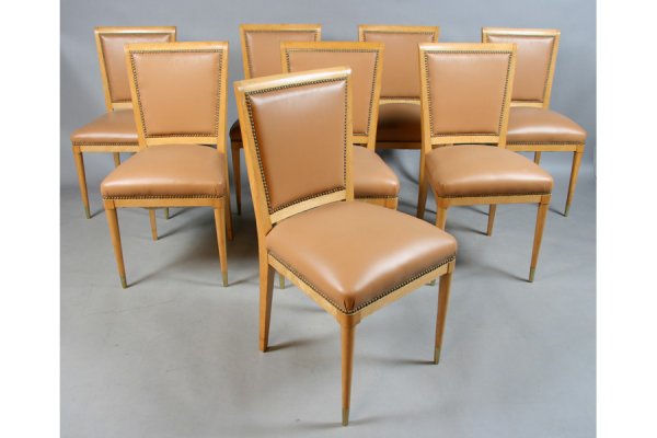eight mid century Andre Arbus style dining chairs: Good set of eight Andre Arbus style dining chairs circa 1940. Upholstered backs and seats, tapered and turned front legs with bronze capped feet. Ensuite with previous lot. Scratches to surface and so