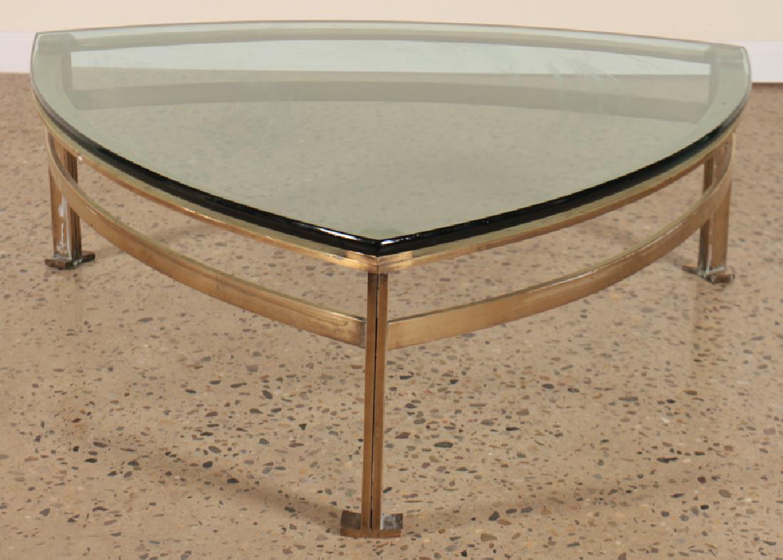 BRONZE AND GLASS TRIANGULAR COFFEE TABLE C.1950 (1 of 3)