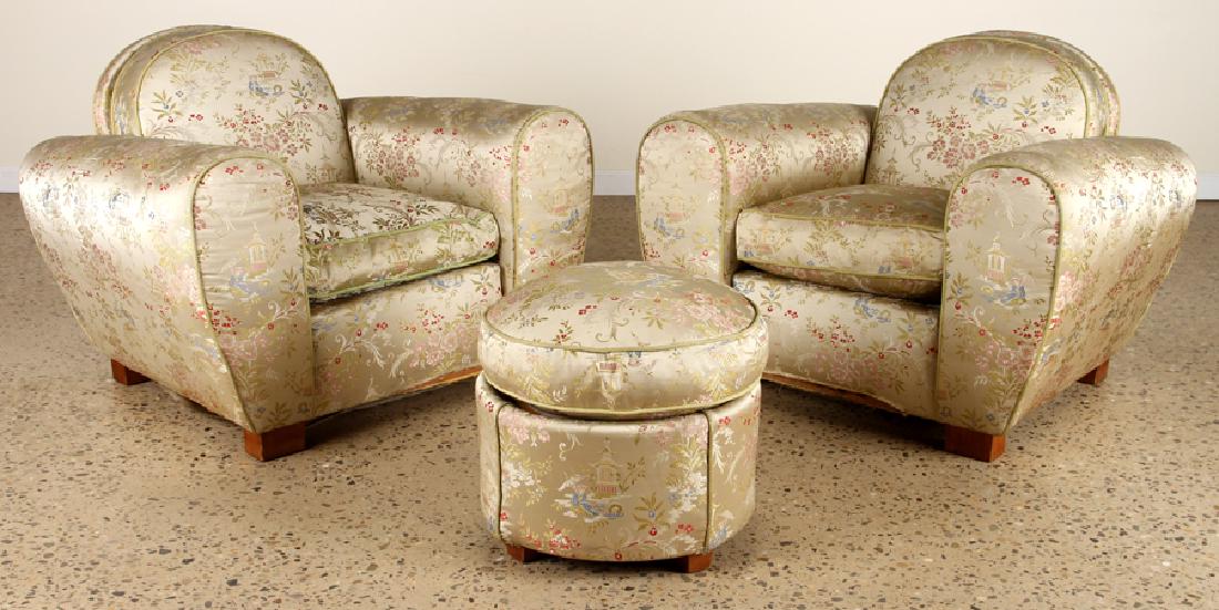 PAIR UPHOLSTERED ART DECO CLUB CHAIRS WITH STOOL (1 of 6)