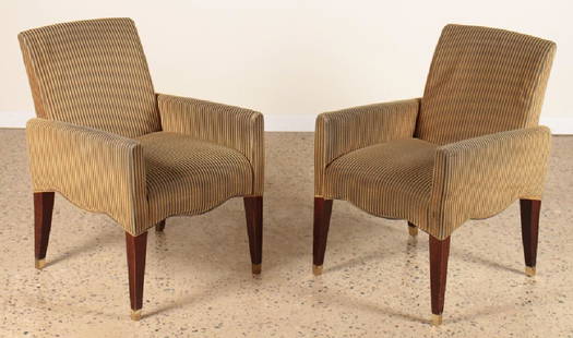 PAIR OLIVIER GAGNERE ROSEWOOD ARM CHAIRS: A pair of Olivier Gagnere arm chairs having striped upholstery and bronze trimmed tapered rosewood legs. Ht: 31.75" Wd: 21.5" Dpth: 25" Seat: 18"