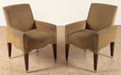 PAIR OLIVIER GAGNERE ROSEWOOD ARM CHAIRS: A pair of Olivier Gagnere arm chairs having striped upholstery and bronze trimmed tapered rosewood legs. Ht: 31.75" Wd: 21.5" Dpth: 25" Seat: 18"