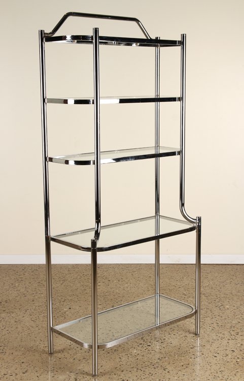CHROME ETEGERE MANNER OF MILO BAUGHMAN C.1970: A chrome etegere having five glass shelves in the manner of Milo Baughman circa 1970. Ht: 78" Wd: 36" Dpth: 17"