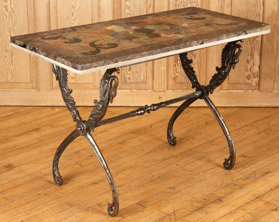 FRENCH POLISHED STEEL TABLE MOSAIC MARBLE TOP (1 of 5)