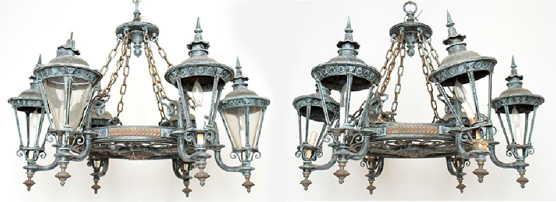 PAIR 6 ARM IRON CHANDELIERS VERDIGRIS FINISH 1950 (1 of 6)