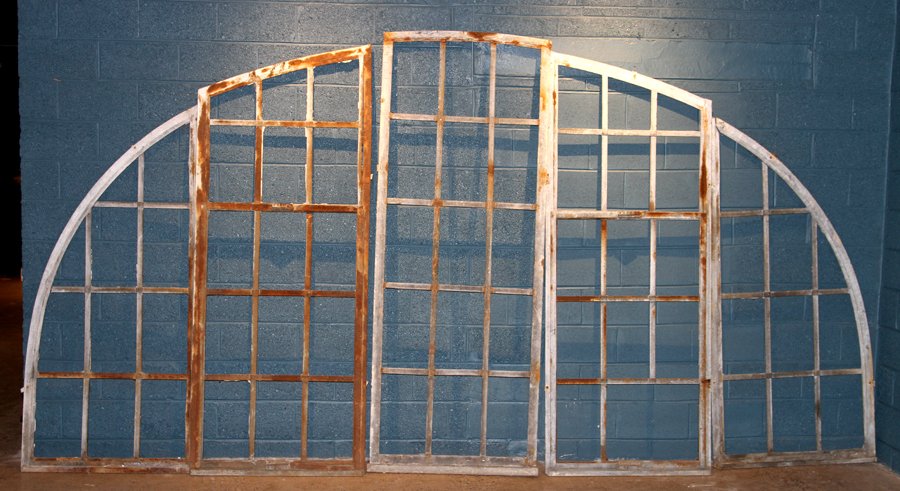 5 PART GALVANIZED IRON ARCHED TOP WINDOW C.1910 (1 of 4)