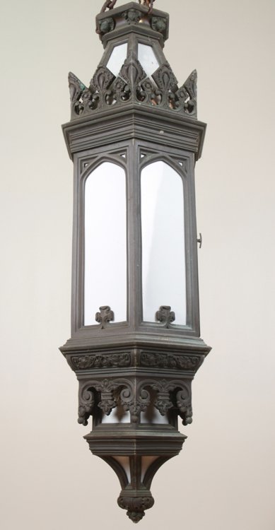 GOTHIC STYLE ANTIQUE BRONZE LANTERN C.1900 1 of a pair (1 of 4)