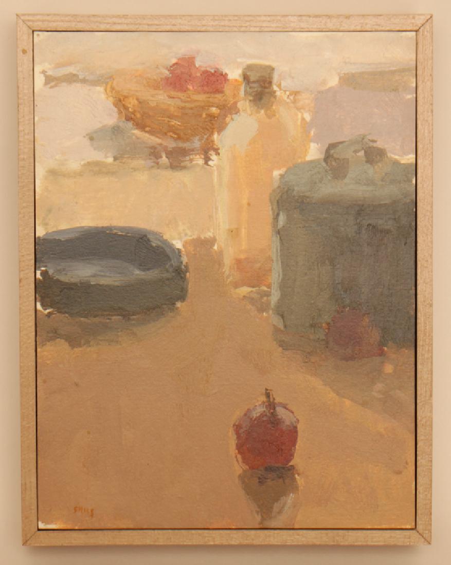 STUART SHILS "STILL LIFE WITH APPLES" SIGNED: Stuart Shils (Pennsylvania, b. 1954) "Still Life With Apples", acrylic on museum board, signed lower left and titled en verso. Image size: 7.5" x 6" Ht: 8.25" Wd: 6.5" (framed) Provenance: Private col