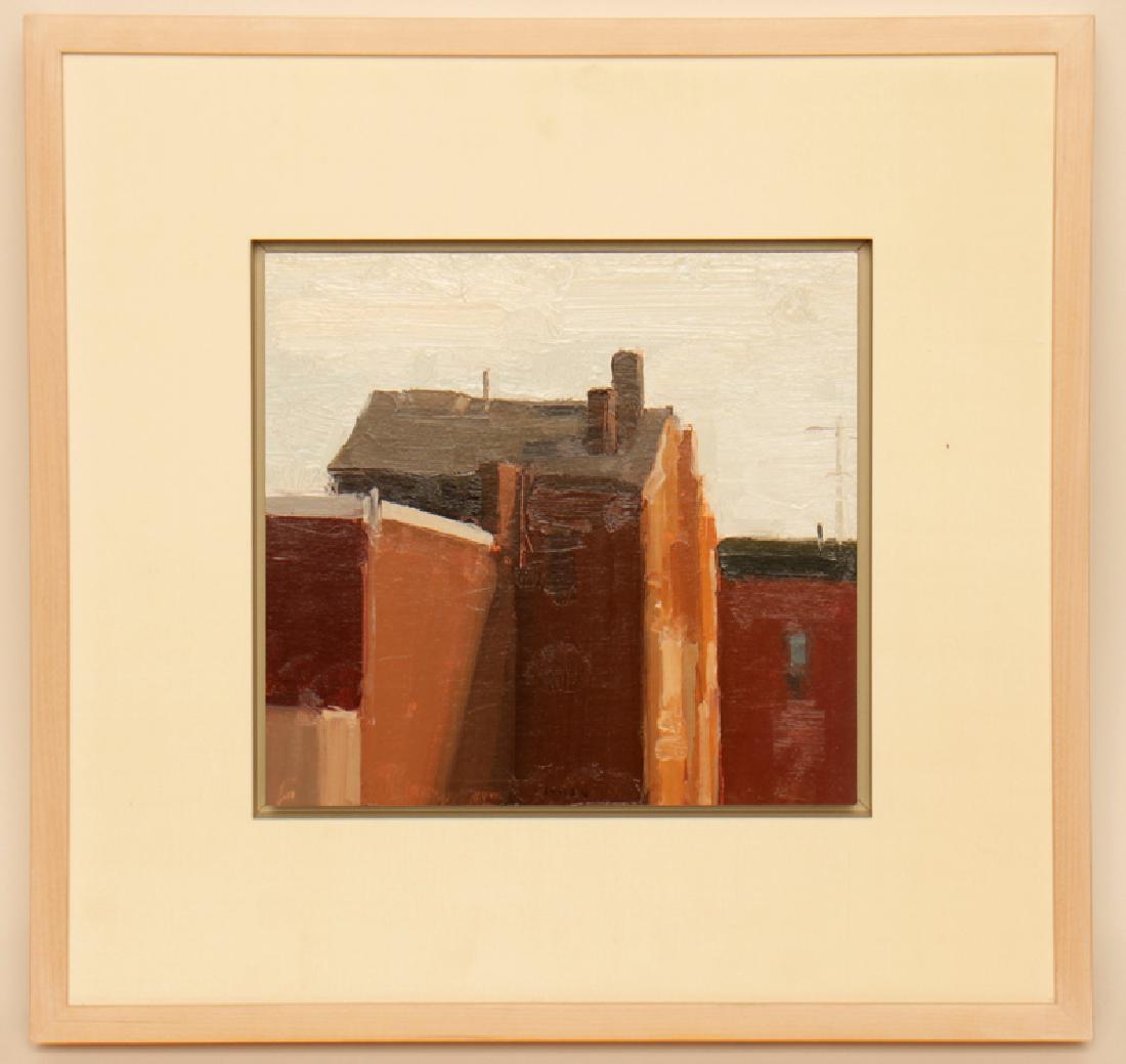 STUART SHILS "OLD KENSINGTON ROW HOUSES" SIGNED: Stuart Shils (Pennsylvania, b.1954) "Old Kensington Row Houses", oil on paper mounted to board, lower center signed and dated 1996. Image size: 8" x 8" Ht: 15.5" Wd: 16" (framed) Provenance: Private c