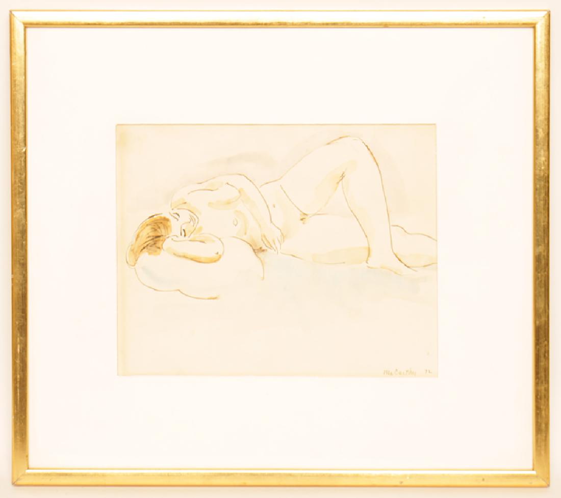 FRANCIS MCCARTHY "RECLINING NUDE" WATERCOLOR: Francis McCarthy (Pennsylvania, 1923-2005) "Reclining Nude", watercolor on paper, signed lower right and dated 1972. Image size: 7.75" x 10" Ht: 14.75" Wd: 16.75" (framed) Provenance: Private collecti