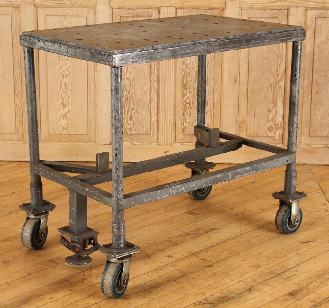 HEAVY STEEL INDUSTRIAL TABLE ON WHEELS C.1920
