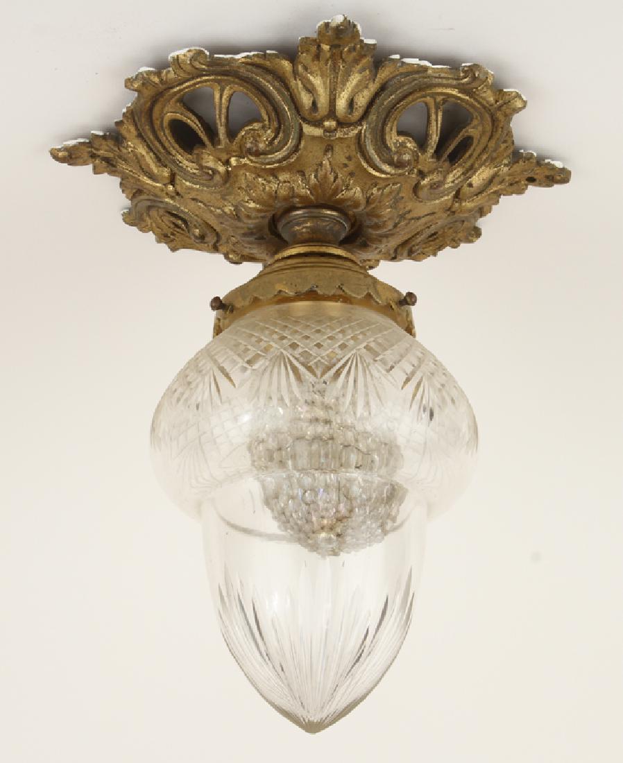 BRASS CEILING MOUNT LAMP ETCHED GLASS SHADE C1910 (1 of 4)