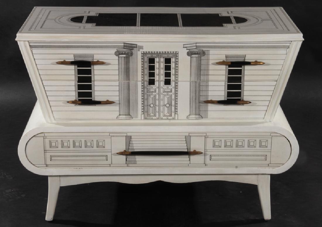 3 DRAWER COMMODE IN THE MANNER OF FORNASETTI 1960: An unusual three drawer commode depicting a grand building entrance in the manner of Fornasetti circa 1960. Ht: 29" Wd: 40" Dpth: 19"
