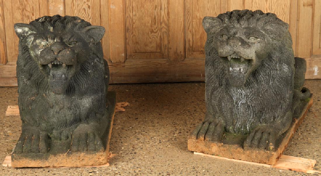 PAIR CARVED STONE OPEN MOUTH JAPANESE LIONS (1 of 5)