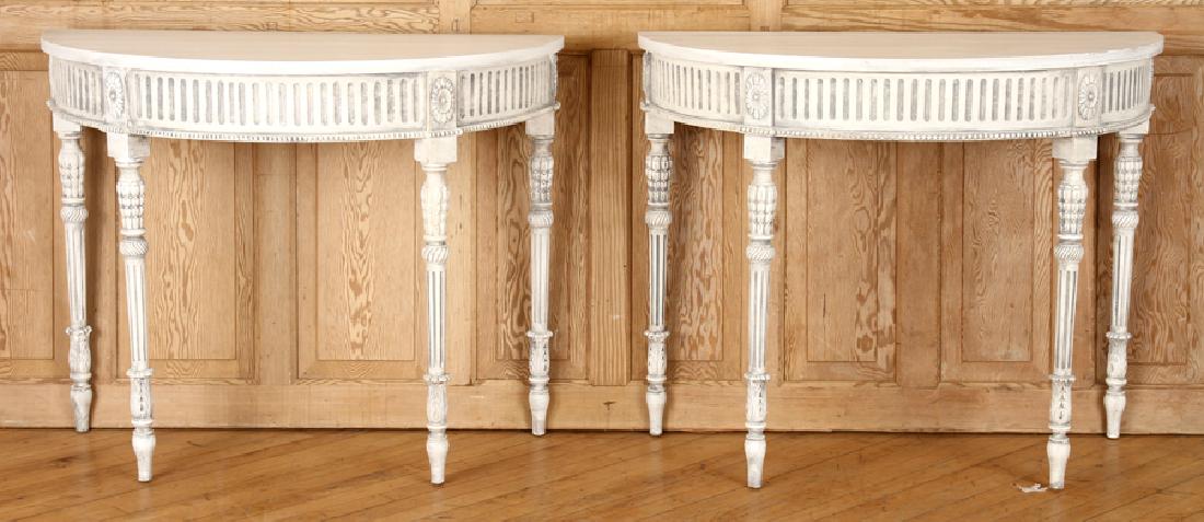 PAIR CARVED PAINTED DEMILUNE CONSOLE TABLES (1 of 6)