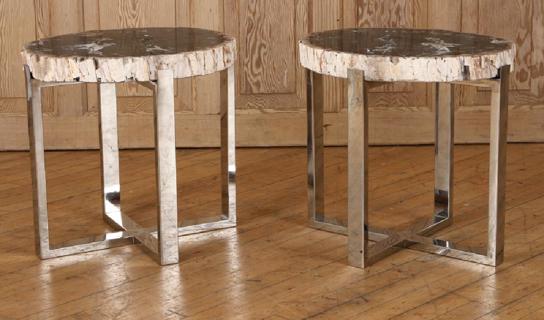 PAIR PETRIFIED WOOD END TABLE CHROME X-FROM BASES (1 of 5)