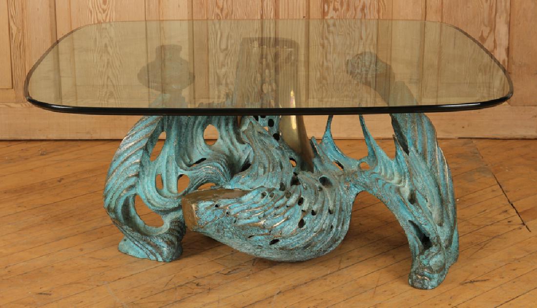 BRONZE GLASS TOP COFFEE TABLE BY BOB BENNETT (1 of 5)