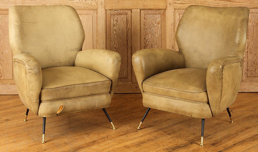 PAIR MID CENTURY MODERN LEATHER CHAIRS IRON LEGS (1 of 4)