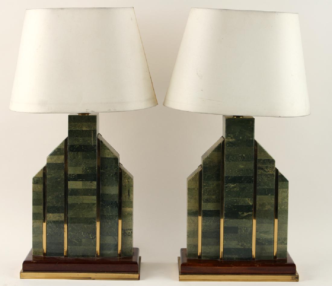 PAIR ART DECO GREEN ONYX LAMPS ON WOOD BRASS BASE (1 of 4)