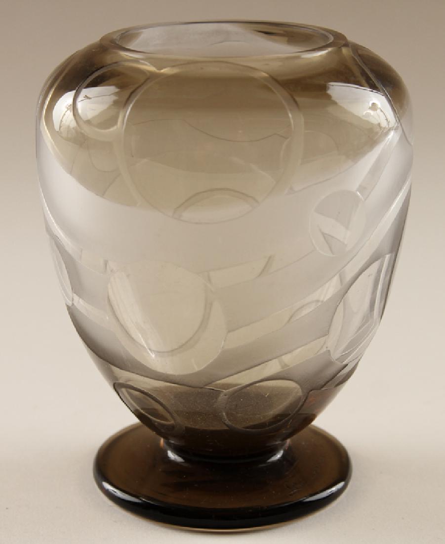 ART DECO ART GLASS VASE MARKED CHARDER: An Art Deco art glass vase with incised design raised on round foot, marked Charder, Le Verre Francais. Ht: 5.25" Dia: 4"