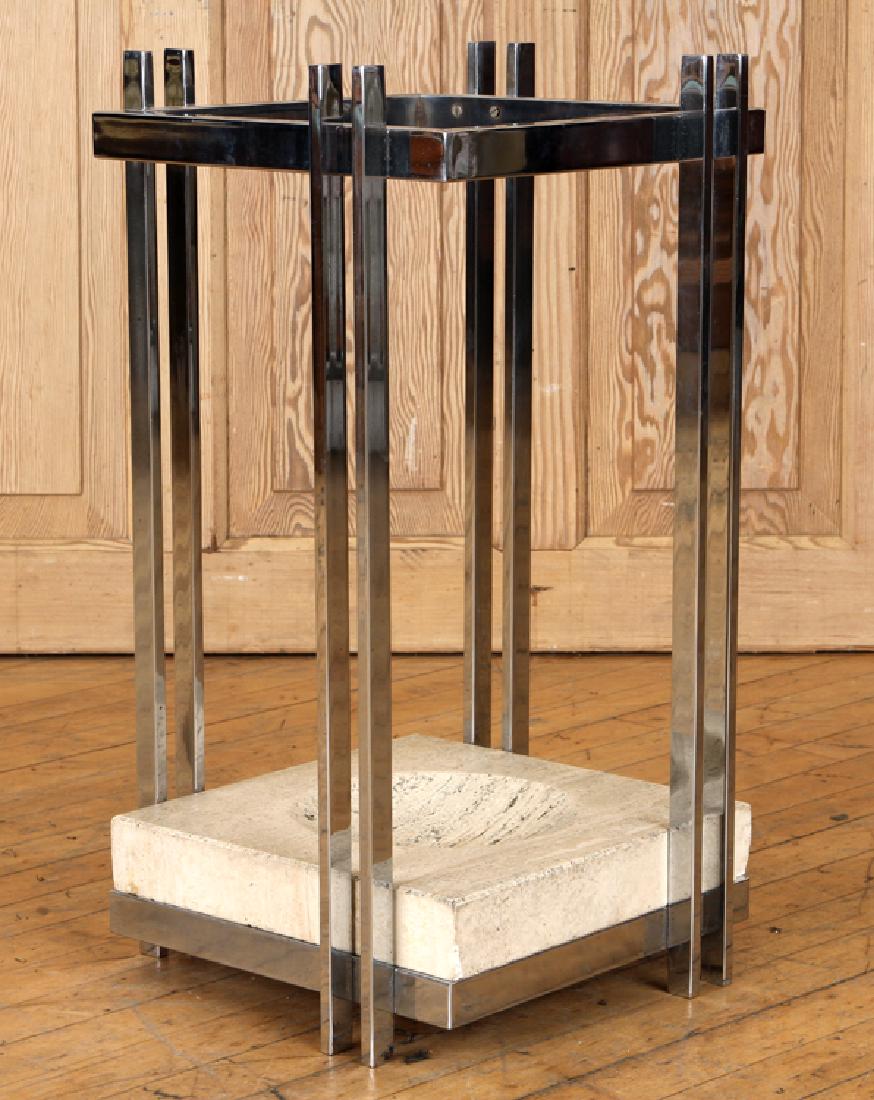 ITALIAN CUBIST FORM CHROME UMBRELLA STAND 1970: An Italian cubist form chrome umbrella stand having a travertine base circa 1970. Ht: 24" Wd: 12" Dpth: 12"