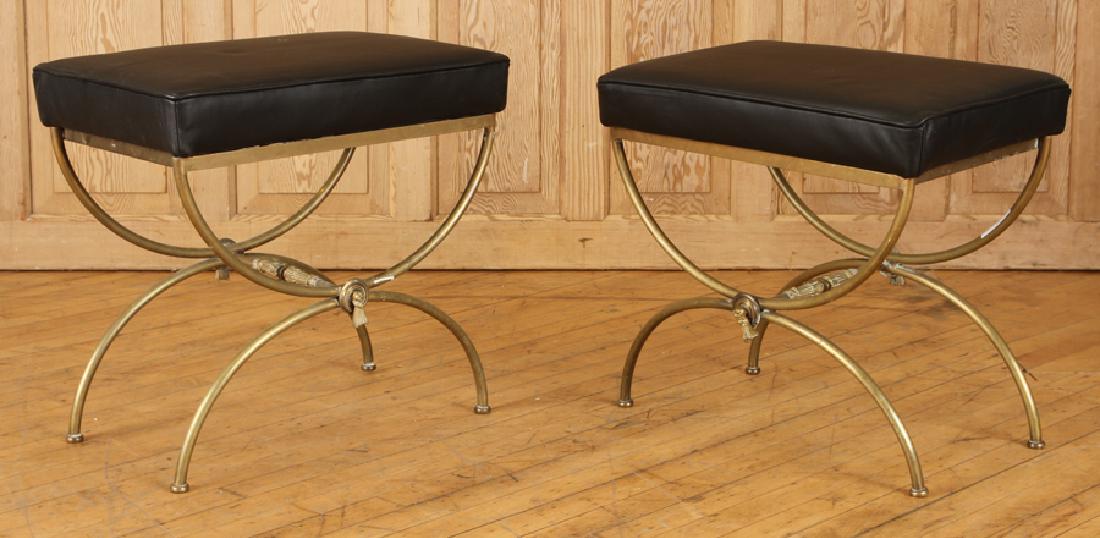 PAIR BRASS CURULE FORM BENCHES LEATHER TOP C.1950 (1 of 5)