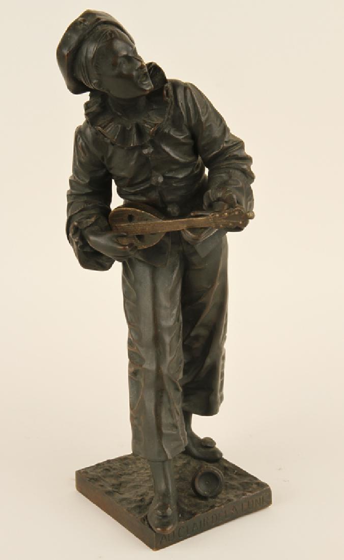 EUTROPE BOURET BRONZE FIGURE LUTE PLAYER MARKED: Eutrope Bouret (French, 1833-1906) Bronze figure of a lute player. Marked to base Bouret along with foundry mark to base, Belgian Arts & Trades, Brussels. Ht: 17.25"
