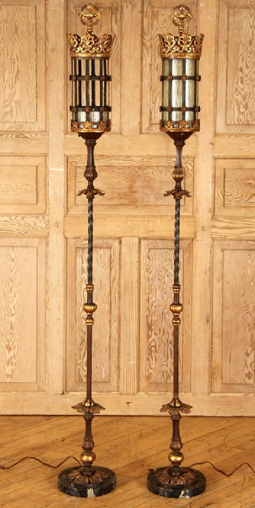 Pair Gilt Iron Glass Floor Lamps Oscar Bach Style