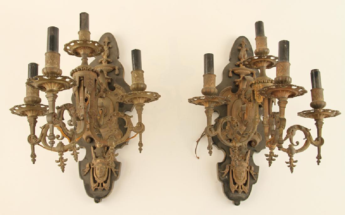 PAIR LATE 19TH C. AMERICAN BRASS 4 LIGHT SCONCES (1 of 7)