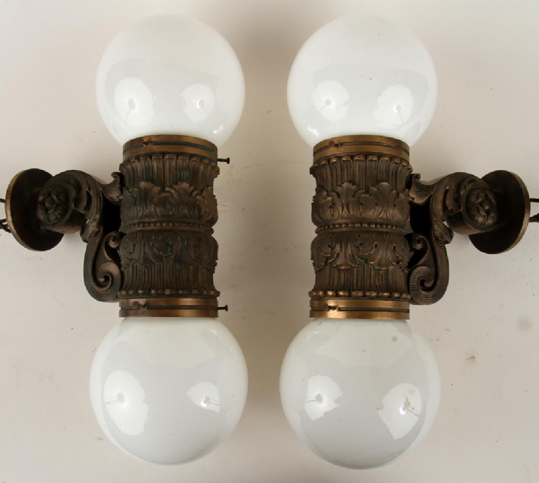 PAIR LATE 19TH C BRONZE SCONCES MILK GLASS SHADES (1 of 5)