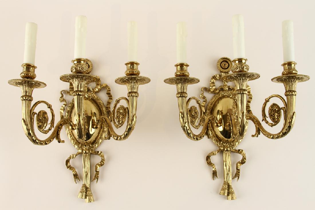 PAIR BRASS VICTORIAN 3-LIGHT WALL SCONCES (1 of 5)