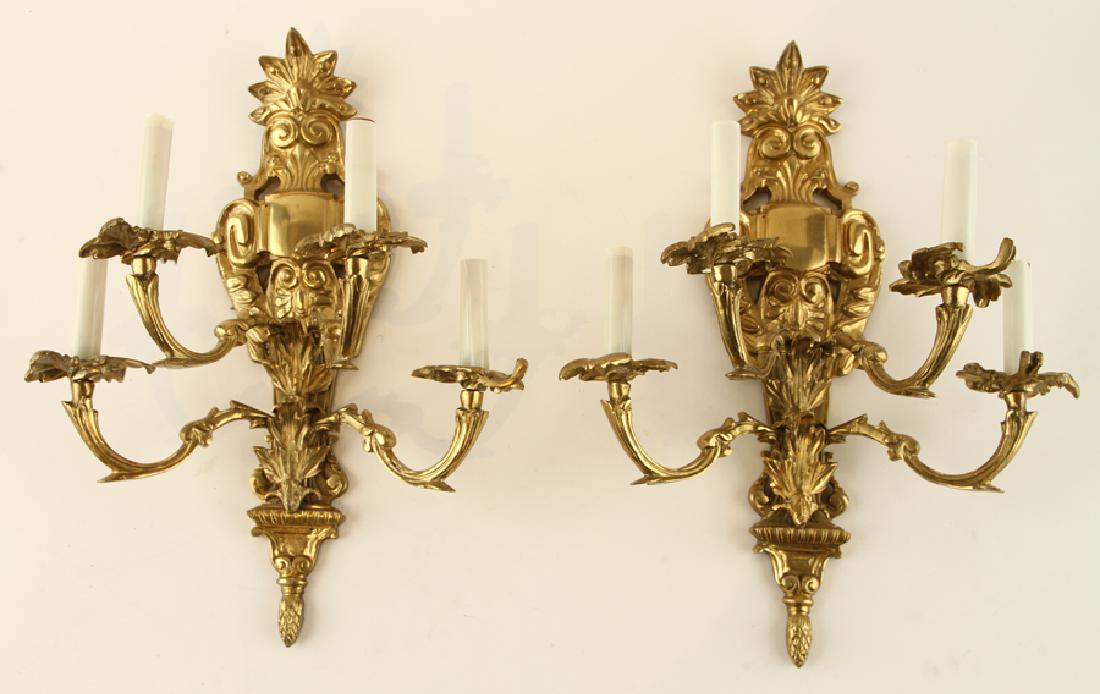 PAIR BRASS LOUIS XV STYLE FOUR LIGHT WALL SCONCES (1 of 5)